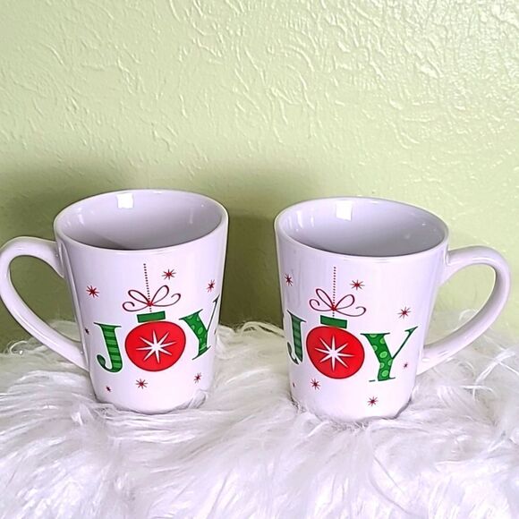 Holiday Mugs "JOY", White, Red & Green, Set of 4 - Picture 1 of 6